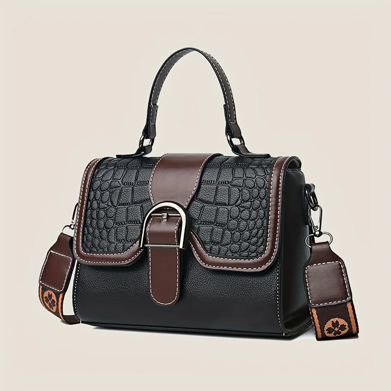 Vintage Crocodile Pattern Shoulder Bag - Top Handle Purse