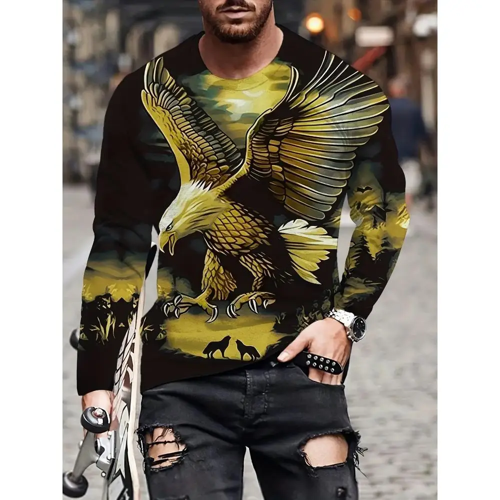 Men Long Sleeve T‑Shirt,3D Bald Eagle Animal Print Crewneck Top,Vintage Wildlife Graphic Casual Streetwear Daily Outfit