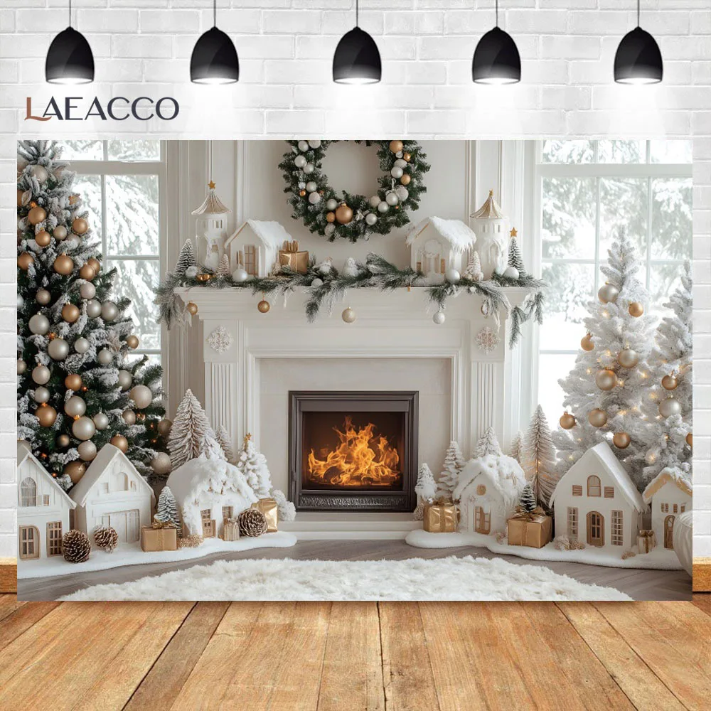 사진 촬영용 크리스마스 트리 배경, 실내 흰색 벽난로 캐빈 크리스마스 트리 선물, 어린이 가족 파티 배경, 사진 스튜디오