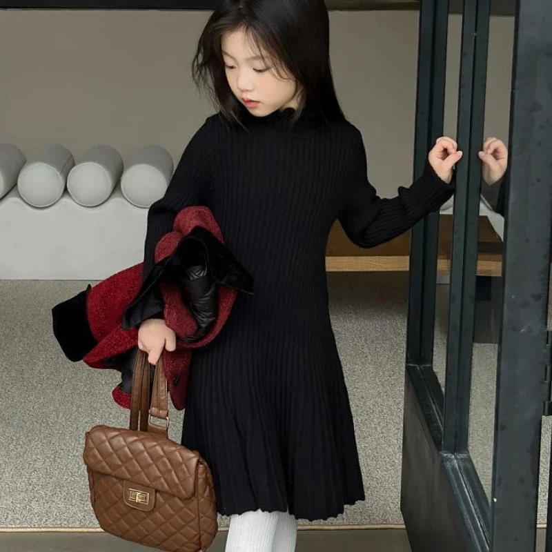 Girls Solid Color Korean Knit Dress 2025 Autumn Winter New Stylish Mid Length Knitwear Hot Sale