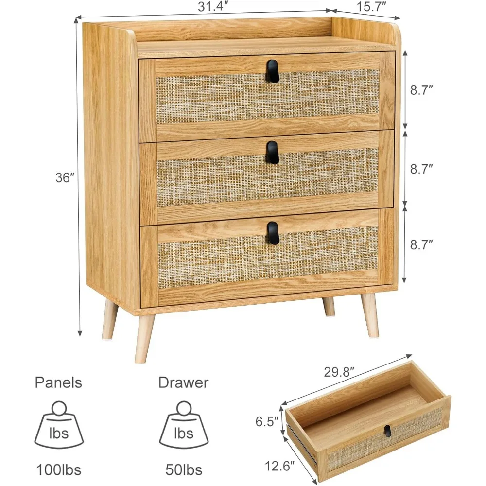3 Drawer Rattan Dresser for Bedroom, Chest of Drawer, Modern Wood 3 Drawer Dresser with Natural Rattan Drawer for Entry