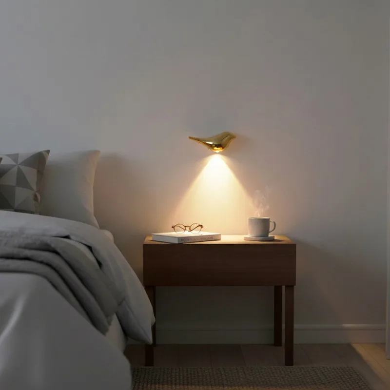 Gold and Silver Bird Wall Lamp, Night Light, Motion Sensor, No Wiring Required, Magnetic Attachment, Adjustable Brightness