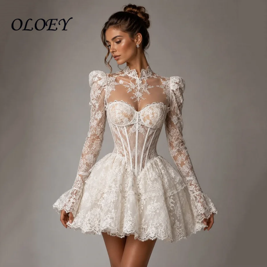 OLOEY 2026 Spitzen-Kurzkleid A-Linie Hochzeitskleid Lange Ärmel Brautkleid Maßanfertigung für Junggesellinnenabschied Vestidos Novias Boda