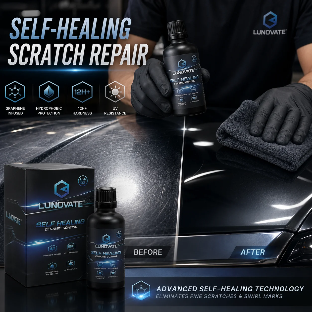 LUNOVATE 12H+ Self Healing Ceramic Coating Graphene Infused Car Paint Protection Hydrophobic