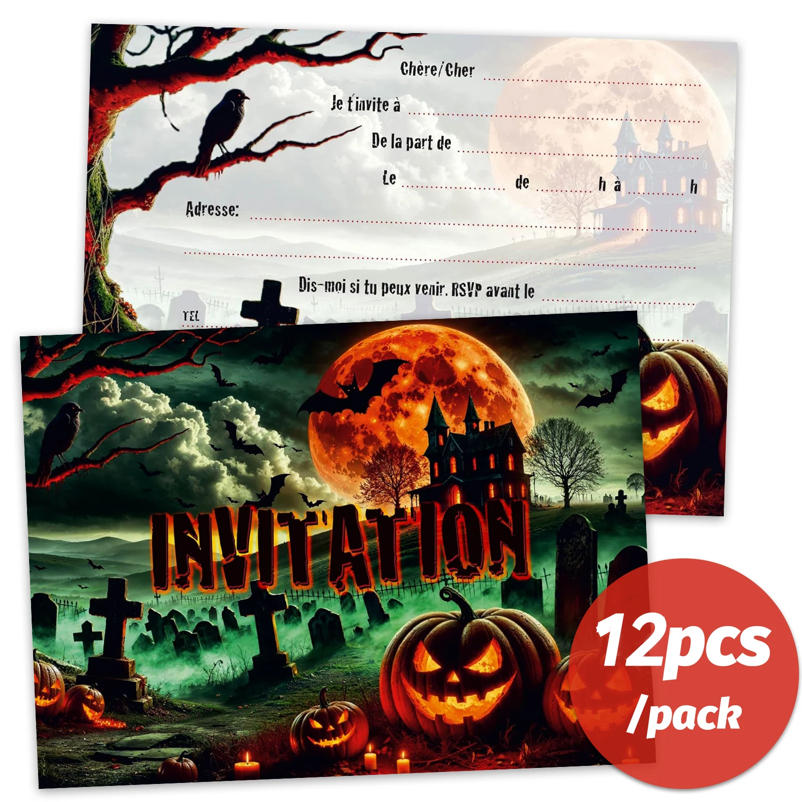 12-teilige Halloween-Einladung mit französischem Text – Einladungskarte für Friedhof-Horror- oder Horrorpartys, Set, Horror, Vampir, schwarzer Horror und