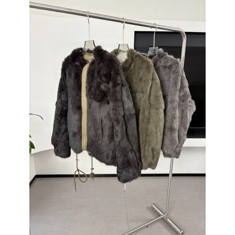 Pie overcome tooling stand-up collar top new double-sided wear whole leather rabbit fur fur integrated fur jacket women's winter