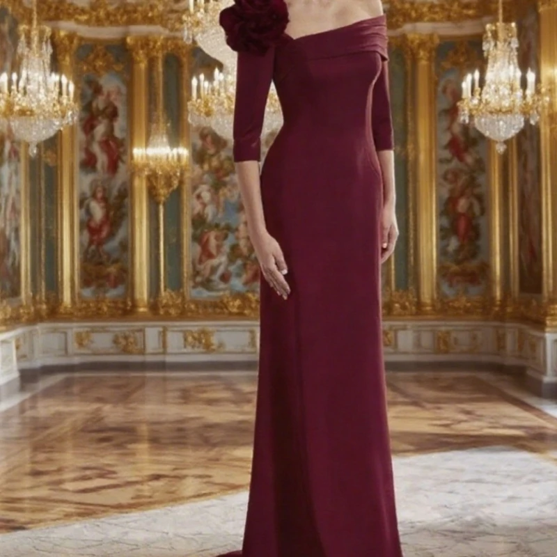 

Long Mother of the Bride Dresses with Flower Mermaid Crepe Watteau Train Evening Dresses for Women Customized