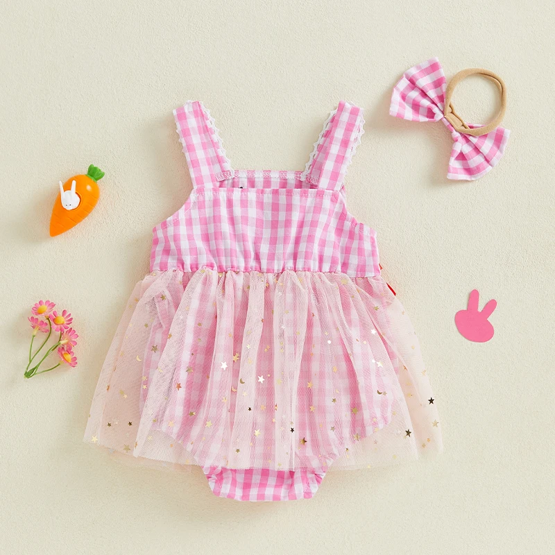 Baju monyet Paskah bayi perempuan, Dress rok Tulle bordir kelinci, bodysuit bayi jumpsuit dengan bandana pita 2 potong