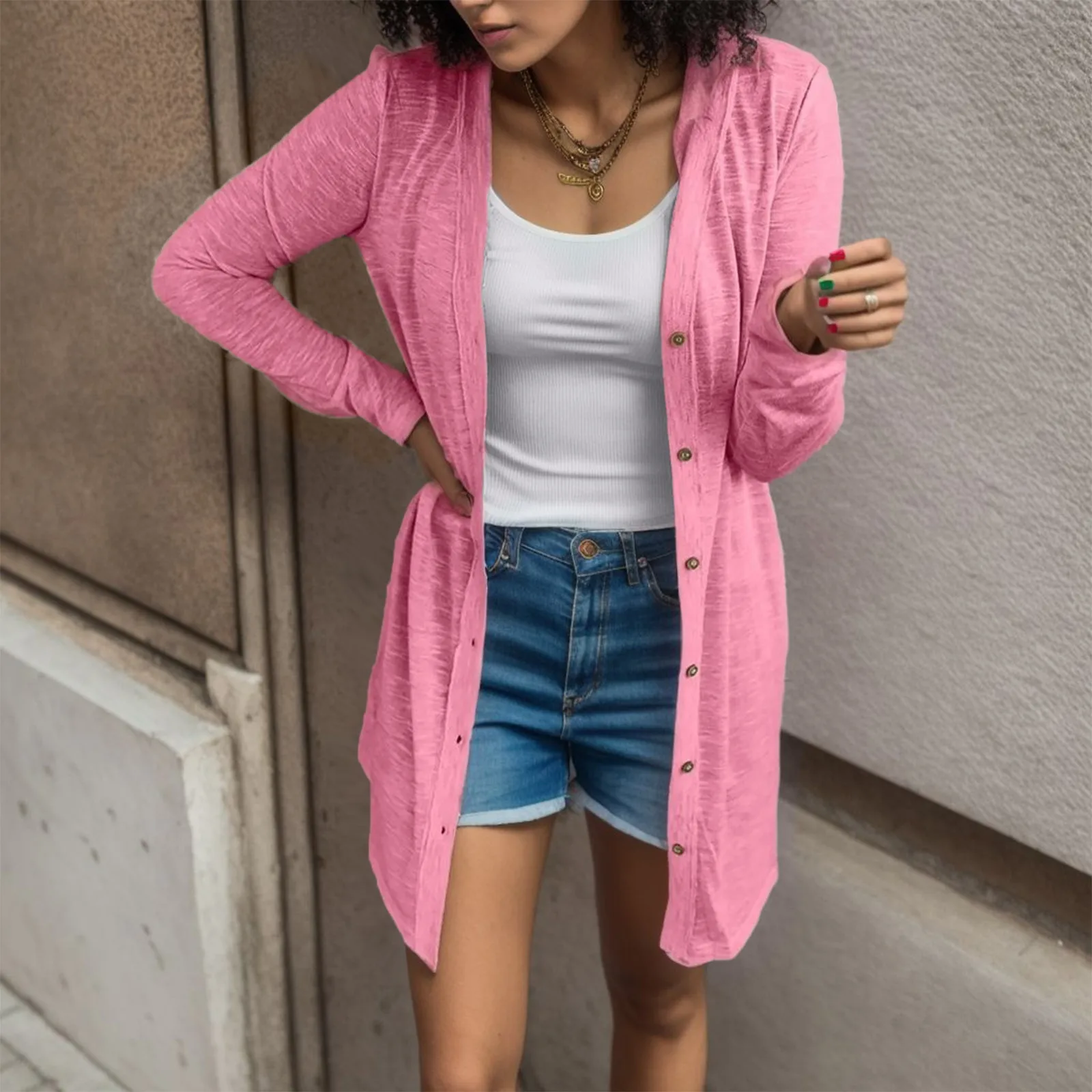 Plus Size Fashion Women Spring and Autumn Casual Tops Solid Color Long Sleeve Open Front Cardigan Coat Ladies Loose Blous