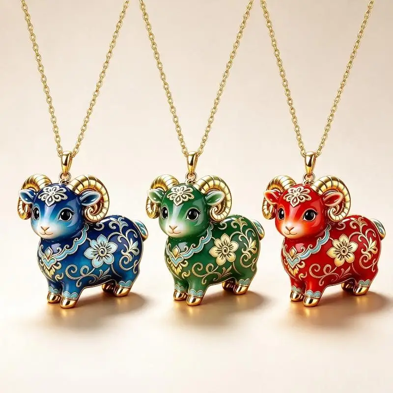 Chinese Zodiac Goat Pendant Necklace Red Enamel Gold Floral Lunar New Year Gift Daily Wear