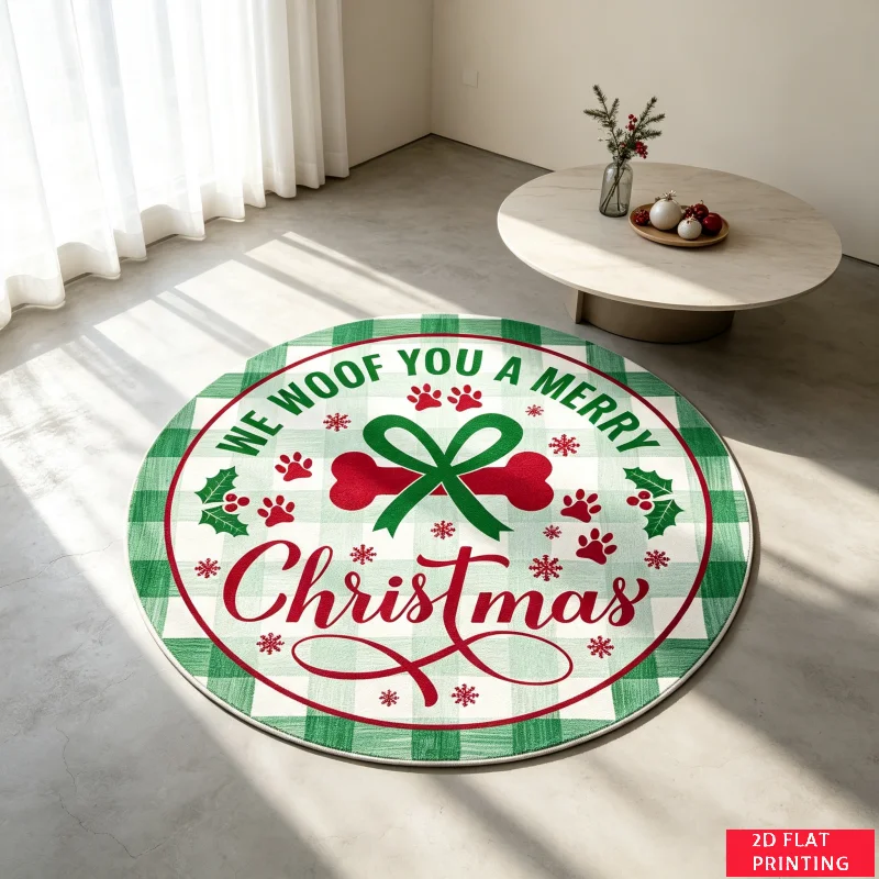 Festive Candy Cane Wishes Mistletoe Kisses Round Carpet For Christmas Holiday Decor With Red White Striped Border Carpet Art