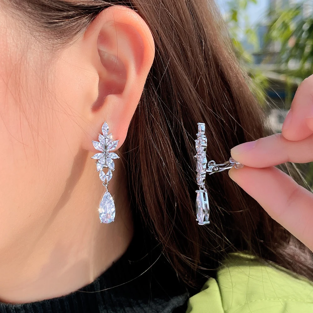 Cwwzircons Elegante Brillante Zircone Cubico Foglia Goccia Donne Matrimonio Festa Nuziale Lungo Clip Su Orecchini Senza Gioielli Penetranti EJ0041-image