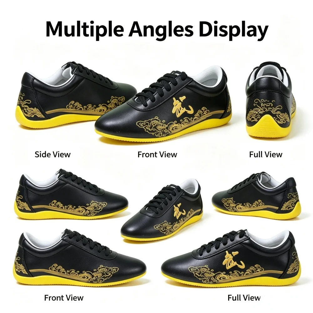 Glossy Genuine Leather Kung Fu Shoes Embossed Wu Character Wave Pattern Non-slip Yellow Outsole Tai Chi Wushu Competition Sneake view 5