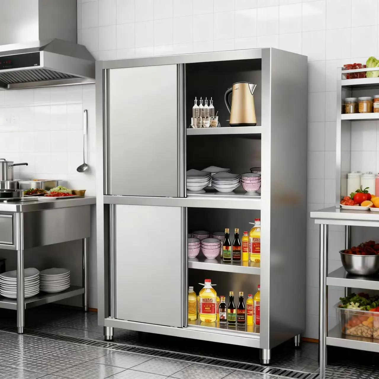 304 Stainless Steel Brushed Surface Commercial Kitchen Storage Cabinet Self-Cleaning Coating Modular Expandable Heavy-Dutypromot