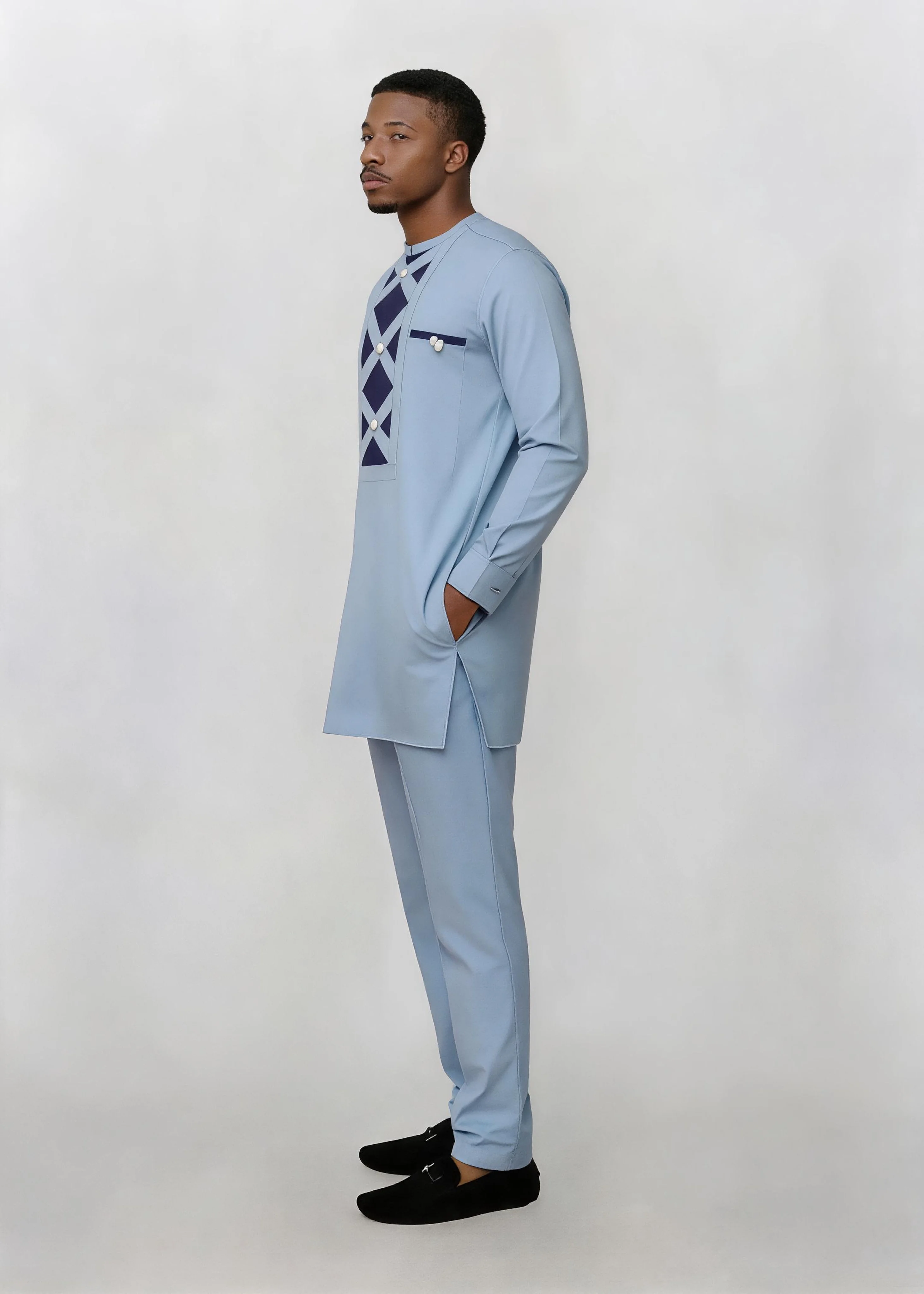 African Men Light Blue Kaftan 2 Piece Set Navy Geometric Patchwork Round Neck White Buttons Long Sleeve Tunic Shirt Pants Formal