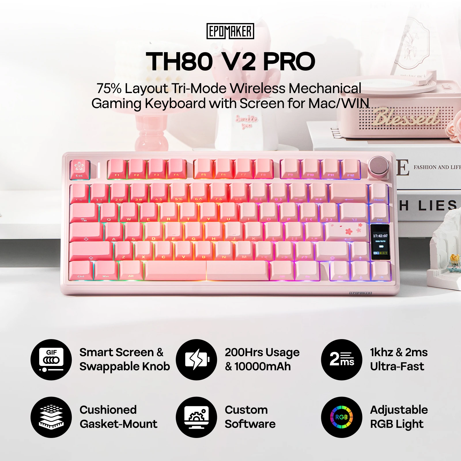EPOMAKER TH80 V2 PRO 75% ANSI US QWERTY Layout Tri-mode Wireless Mechanical Keyboard with Interactive LCD Screen & Knob