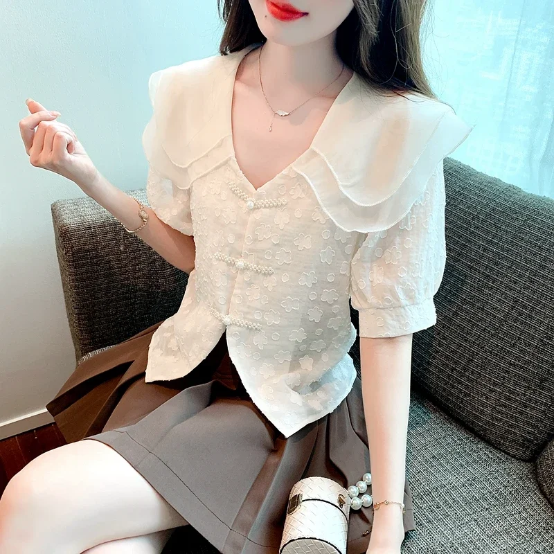 Zomer Dames Tops Korte Mouw Chiffon Blouse Shirt Blusas Mujer De Moda 2024 Verano Pop Kraag Blouse Vrouwen Shirts Blusa G511