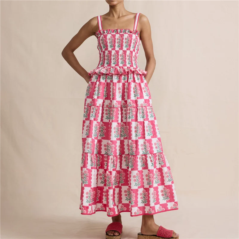 Abito estivo da donna Boho con cravatta sulla spalla Y2k Abito lungo fluido smock floreale con volant a strati Beach Vocation Sundress-A55G