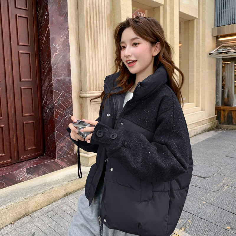 

Autumn Winter Short Parkas Women Thick Dwon Cotton Padded Coat Female High Collar Long Sleeve Casual Puffer Jacket Outerwer
