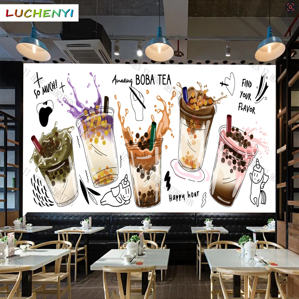 Custom cartoon bubble milk tea 3d wallpaper mural restaurant juice shop kitchen dining room wall papers home decor sticker