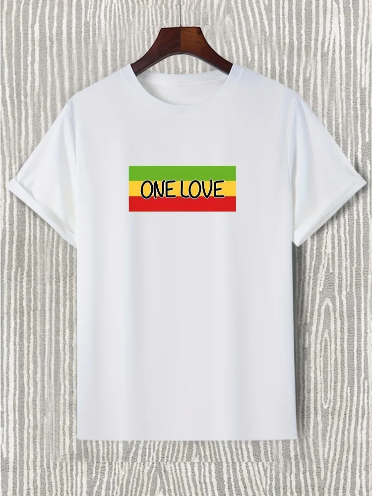 Mens Grey Cotton Tee One Love Reggae Color Block Text Graphic Crew Neck Short Sleeve Retro Oversized Male Streetwear Casual Top