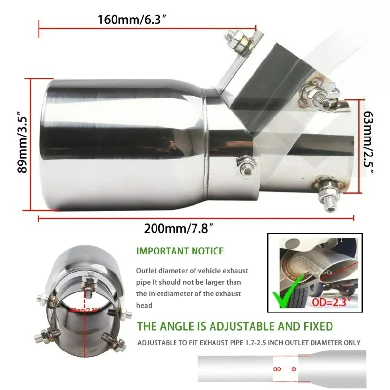63-89mm Adjustable Stainless Steel Exhaust Tail Tips, Elbow Design Multi - Directional Adjustment, Exhaust Muffler Tail Nozzles