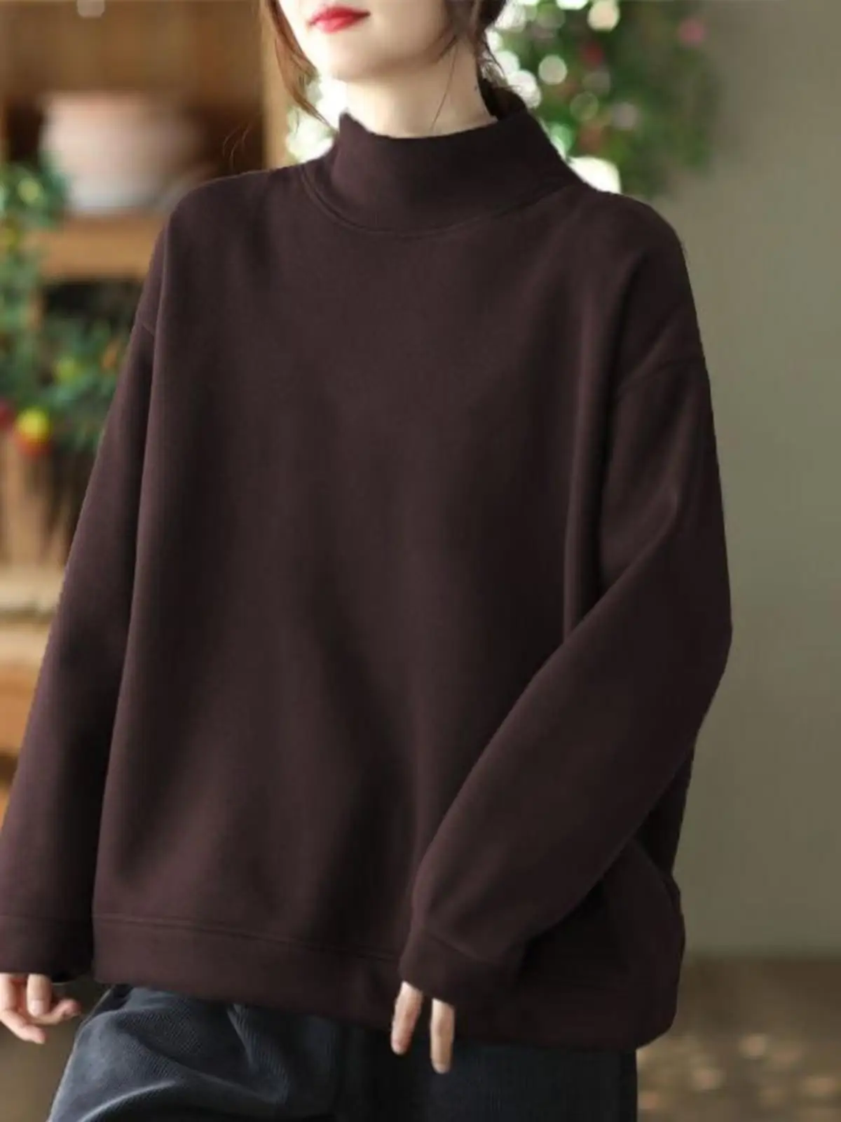 maglia-a-maniche-lunghe-in-pile-a-doppio-strato-oversize-con-collo-alto-set-due-pezzi-da-donna