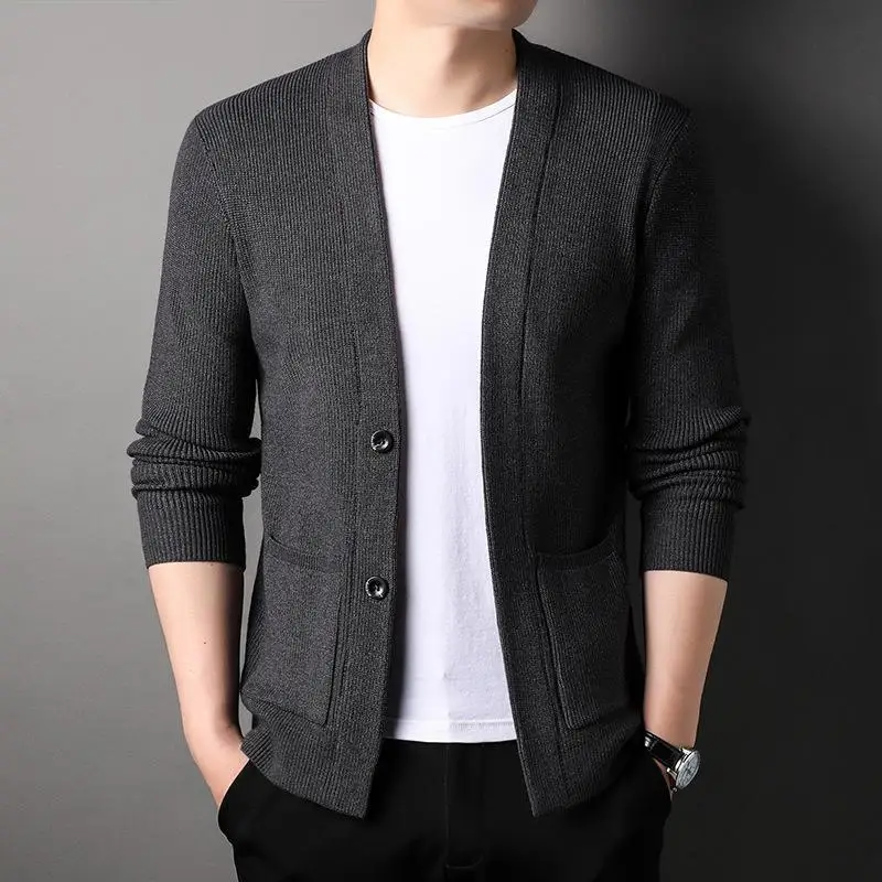 2023 Spring Autumn New Knitted Cardigan Men\'s Korean Version Trend Outside Wear Sweater Young Middle-Aged Simple Casual Coat