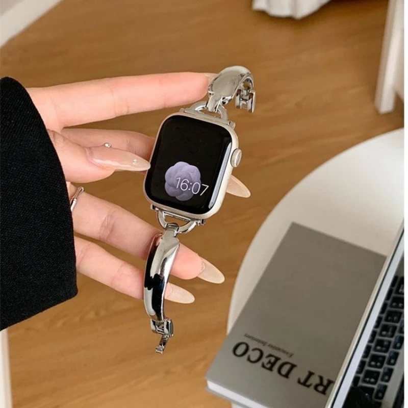 الفاخرة المعادن الفرقة ل iWatch الترا سلسلة 10 9 8 7 SE 6 5 4 سليم فتاة سوار للساعة أبل 38 مللي متر 40 41 42 44 45 46 49 مللي متر