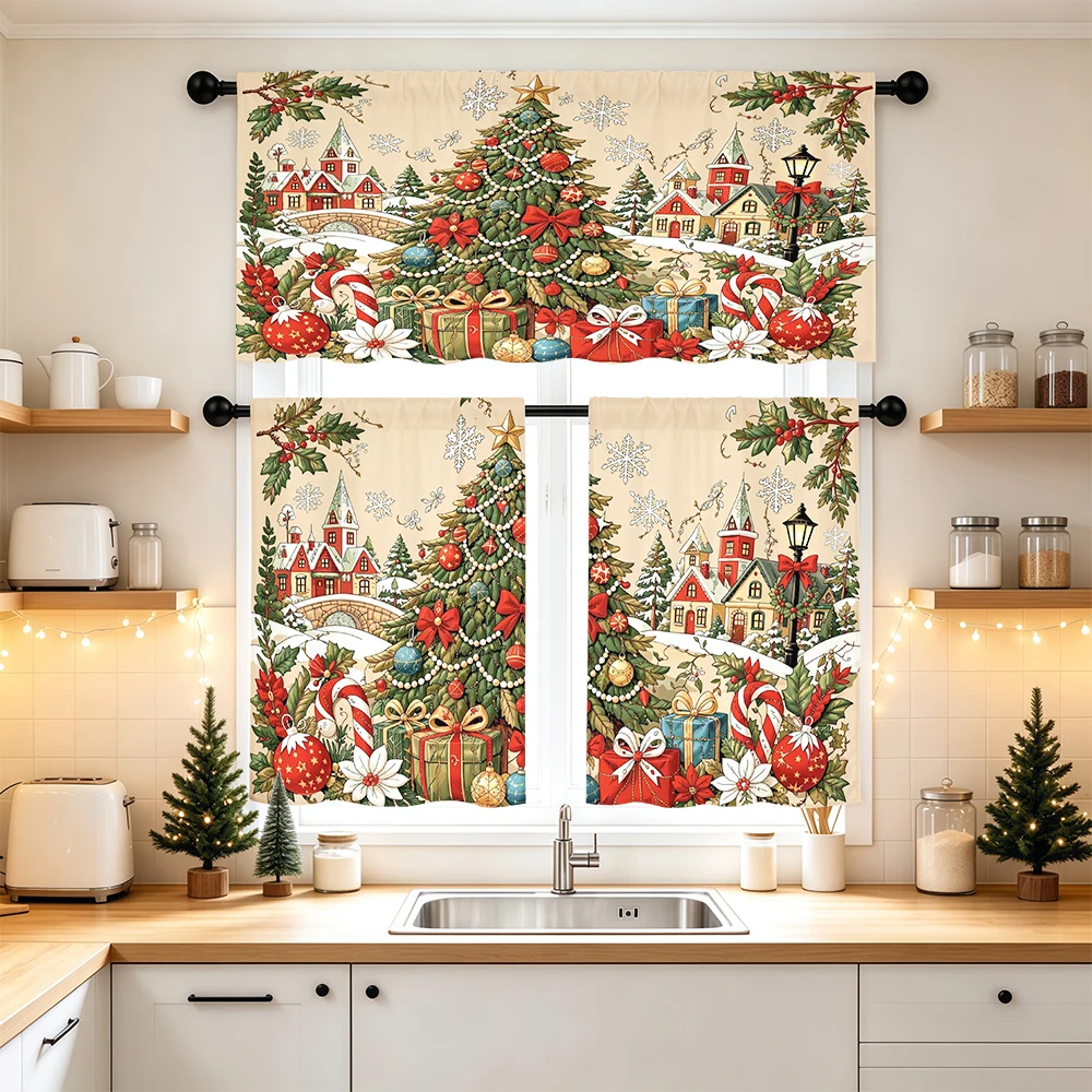 Christmas Kitchen Curtains, Vintage Christmas Village, Digital Print, Kitchen Dining Room, Rod Pocket Polyester, Home Decor
