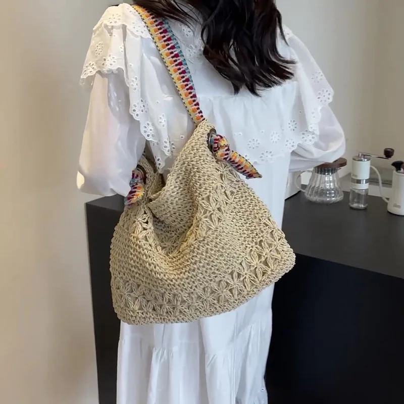 

Однотонная пляжная сумка на плечо, праздничная дорожная сумка, кошелек на плечо в стиле бохо для женщин, летняя соломенная вязаная сумка, ажурная большая сумка