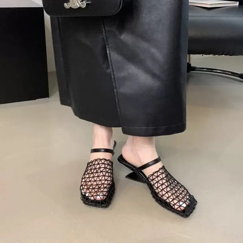 Niche Year 2026 Woven Fishing Net Closed Toe Roman Sandals Mules Hollow Out Breathable Women Shoes Wedge Heel 5cm