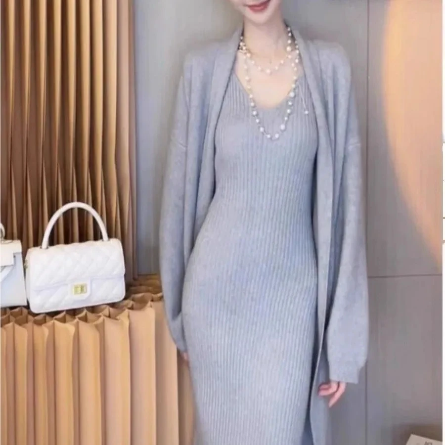 

Женский длинный кардиган, свитер, осень-зима 2025 года, вязаное платье с v-образным вырезом на подтяжках, женские сексуальные элегантные тонкие платья, комплект из 2 предметов