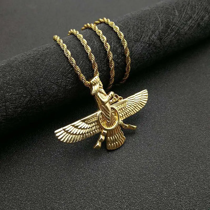 Vintage Punk Style Iran Faravahar Ahura Mazda Pendants Necklaces for Men Women 316L Stainless Steel Zoroastrian Jewelry Gift