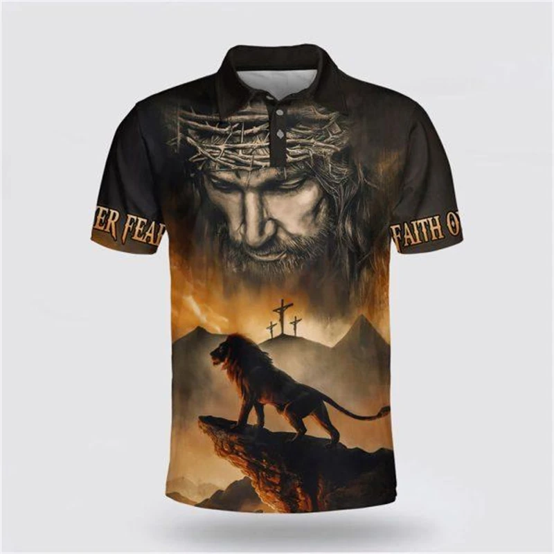 Cross T Shirts Men Religion Jesus 3D Printed Polo Shirt Vintage Short Sleeve Lapel Tee Shirt Summer Man Streetwear Oversized Top