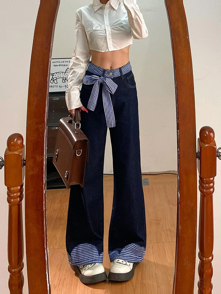

Американские джинсовые брюки в клетку с завязками, женские свободные широкие джинсы с высокой талией, весенне-осенний дизайн, прямые брюки