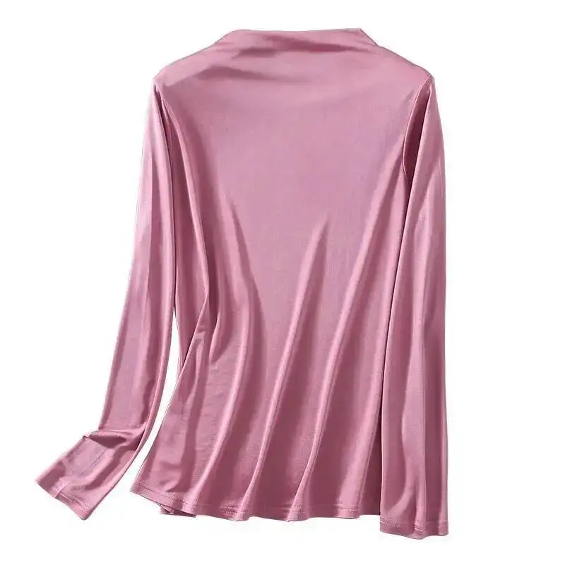 Autumn Winter Pure Silk High Collar T-shirt Women Mulberry Silk Double-sided Knitting Long Sleeve Bottoming Shirt Tops