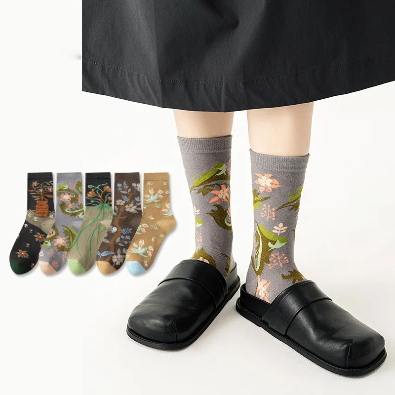 

1/5 Pairs Spring and Autumn Fashion Flower Pot Oil Painting Art Retro Style Socks Minority Leisure Comfortable Women's Socks