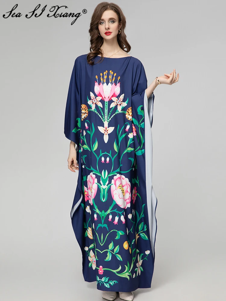 

Seasixiang Fashion Designer Spring Maxi Dress Women O-Neck Batwing Sleeve Floral Print Crystal Diamonds Vintage Long Dresses