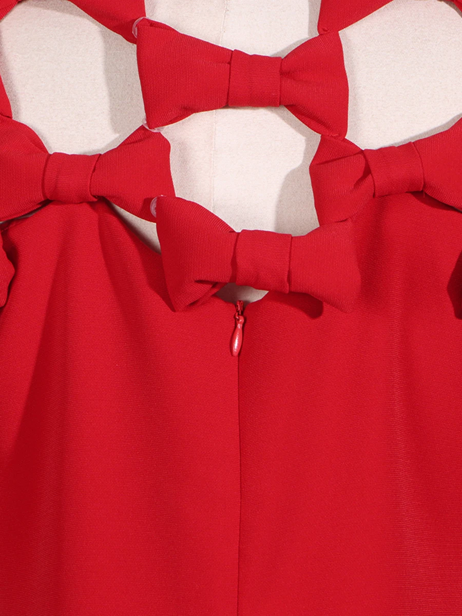 VGH Solid Hollow Out Afslankjurken Voor Vrouwen Ronde Hals Korte Mouw Hoge Taille Gesplitste Strik Vintage A-lijn Jurk Vrouwelijke