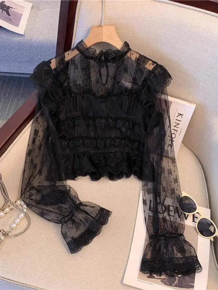 

Весенне-летняя женская блузка с длинным рукавом, кружевом, воротником-стойкой, полупрозрачная, на пуговицах, в китайском стиле, премиум-класса