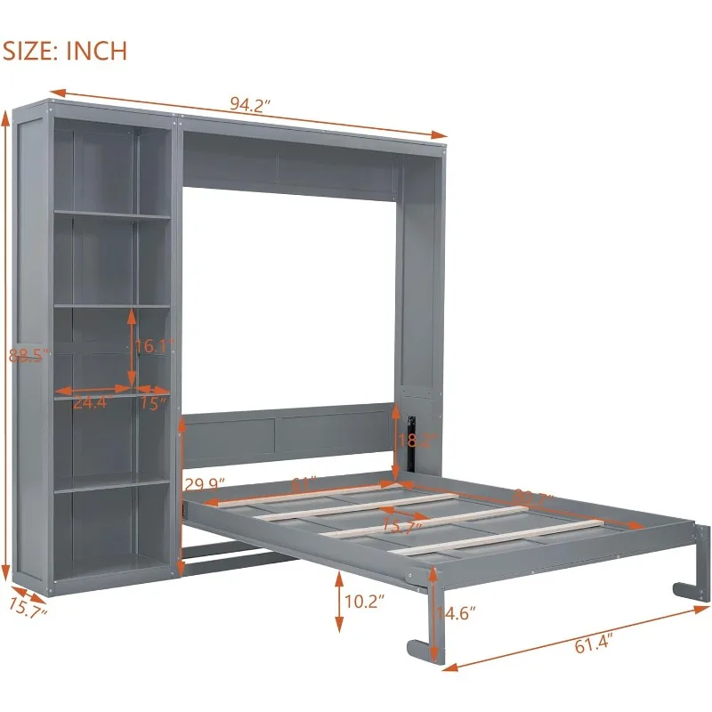 Wood Queen Wall Bed Frame with Shelves, Queen Murphy Cabinet Bed for Home, Office or Small Room, Gray