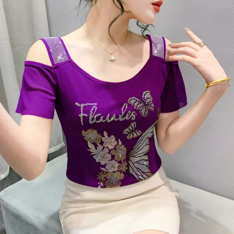 

High Quality Summer America Women's T-shirt Sexy Chic Off Shoulder Classic Girl Slim Tees Fashion Butterfly Hot Diamonds Tops