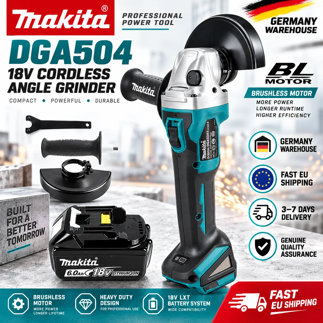 Smerigliatrice Angolare Elettrica Senza Spazzole a Batteria 18V Makita DGA504 125mm, Smerigliatrice Cordless per Metallo e Legno, Smerigliatura, Lucidatura, Taglio