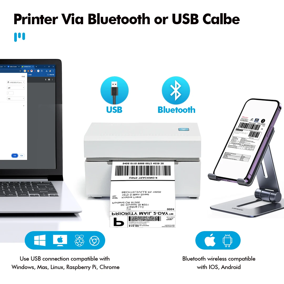 80mm Thermal Label Printer 203DPI Barcode Sticker QR Code Small Shipping Bluetooth/USB Receipt Printer Auto Label Recognition