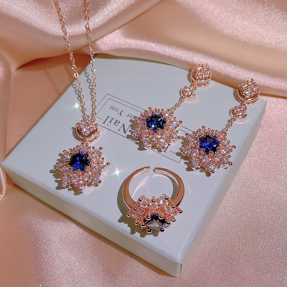 Classic rose golden new in snowflake jewelry sets exquisite sparkling wedding blue three piece necklace earrings for women ring