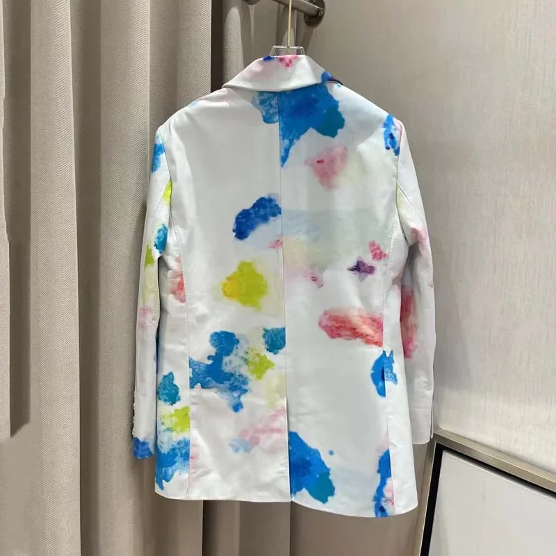 Abrigo de estilo de traje para mujer, chaqueta de cuero genuino con cuello vuelto, ropa con patrón impreso de color, longitud regular, Primavera