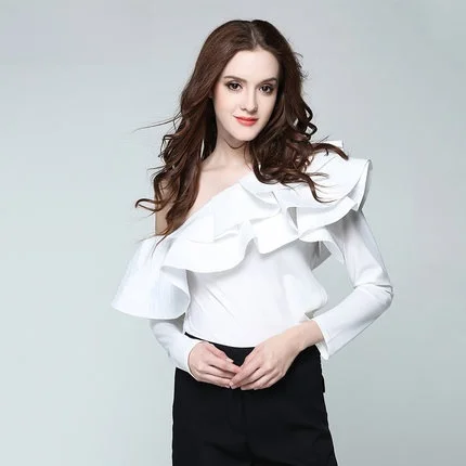 Sexy oulder Bared Long Sve Stripe irt with Ruffle Design Commute Sle Women's Cross over Faion 2025 New Arrival
