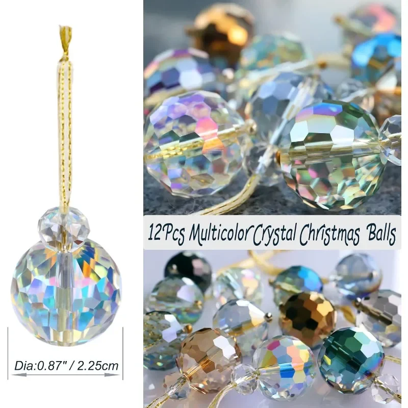 12 Pieces Multi-color Crystal Glass Christmas Balls 0.87 Inch Mini Colorful Prism Balls Christmas Tree Decorations Hanging Balls