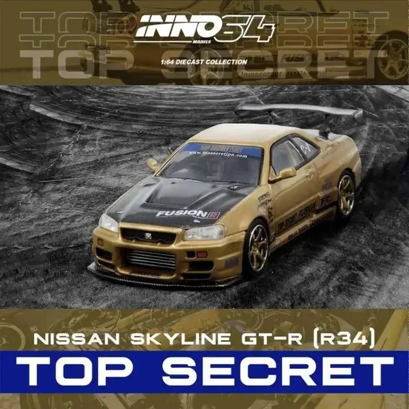 

INNO In Stock 1:64 TOP SECRET Nissan Skyline R34 GTR Gold Diecast Diorama Car Model Collection Miniature Toys